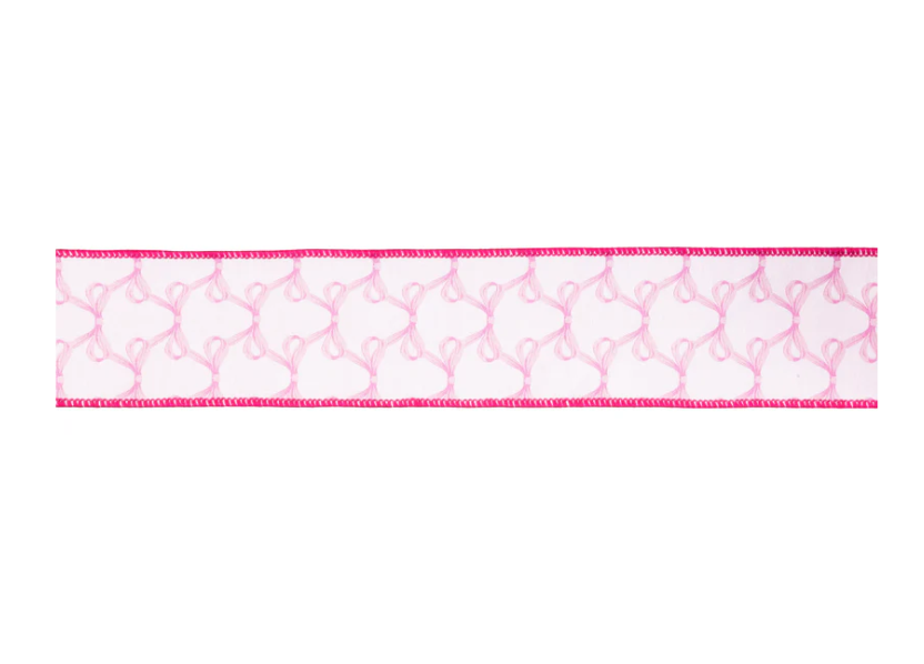 Pink Bow Ribbon, 2.5” Wired Dupioni, White & Pink