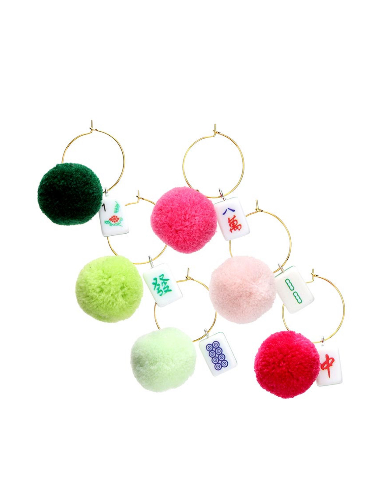 Mahjong Pom Pom Wine Charms | Colorful Game Night Drink Markers