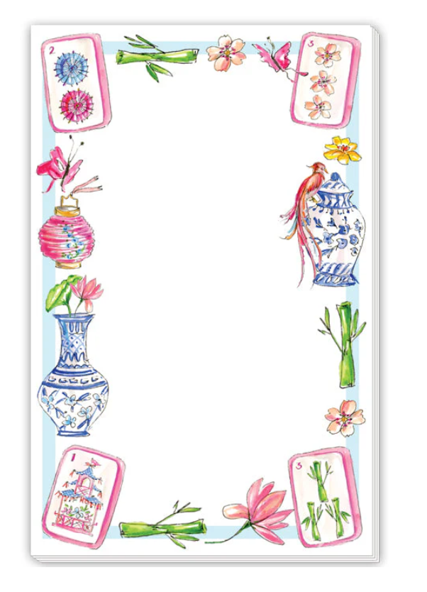 Chinoiserie Mahjong Notepad, Blue & Pink Icon Border, Hostess Gift