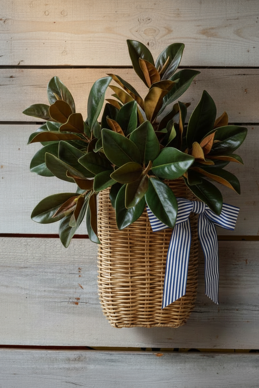 Magnolia Basket with Blue and White Bow