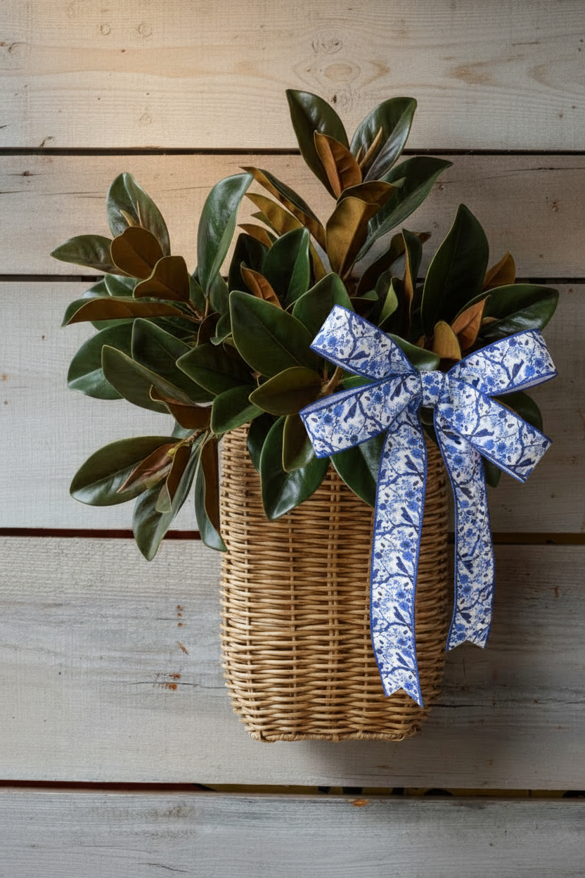 Magnolia Basket with Drooping Chinoiserie Bow