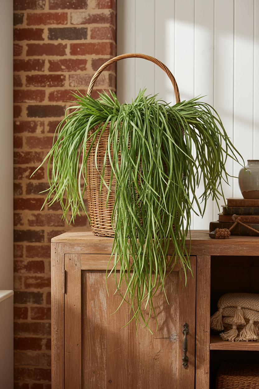 Overflowing Frond in Basket on Rustic Cabinet
