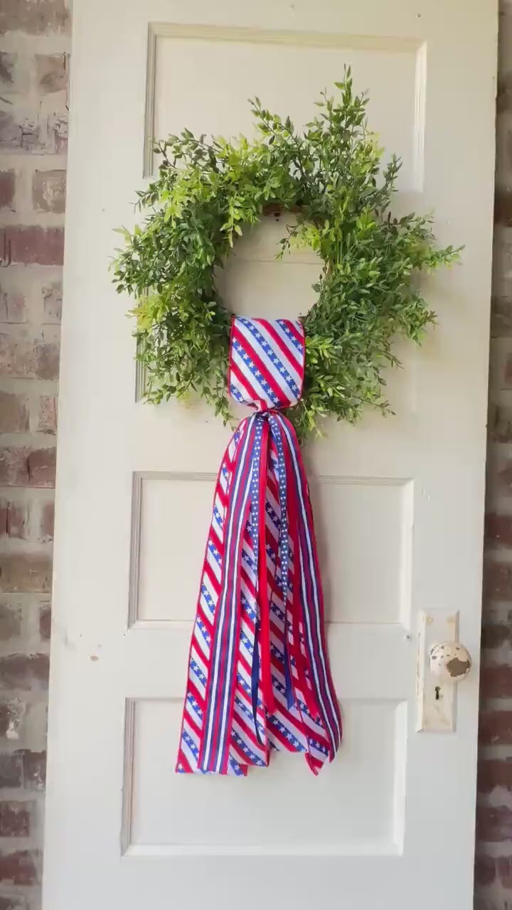 Red white blue plaid wreath sash patriotic front door ribbon bow 4th of July boxwood wreath decor Americana wired ribbon sash