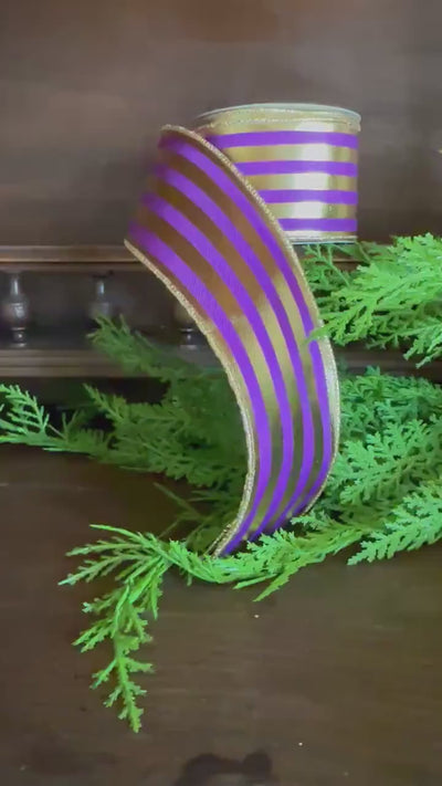Purple Gold Metallic Stripe Wired Edge Ribbon Christmas Ribbon Fall Ribbon Vertical Stripe Ribbon for Bows Wreaths Holiday Decor Bow Making