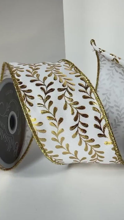 White with Gold Foil Leaf Wired Ribbon: Fall to Christmas Decor (10 Yards)