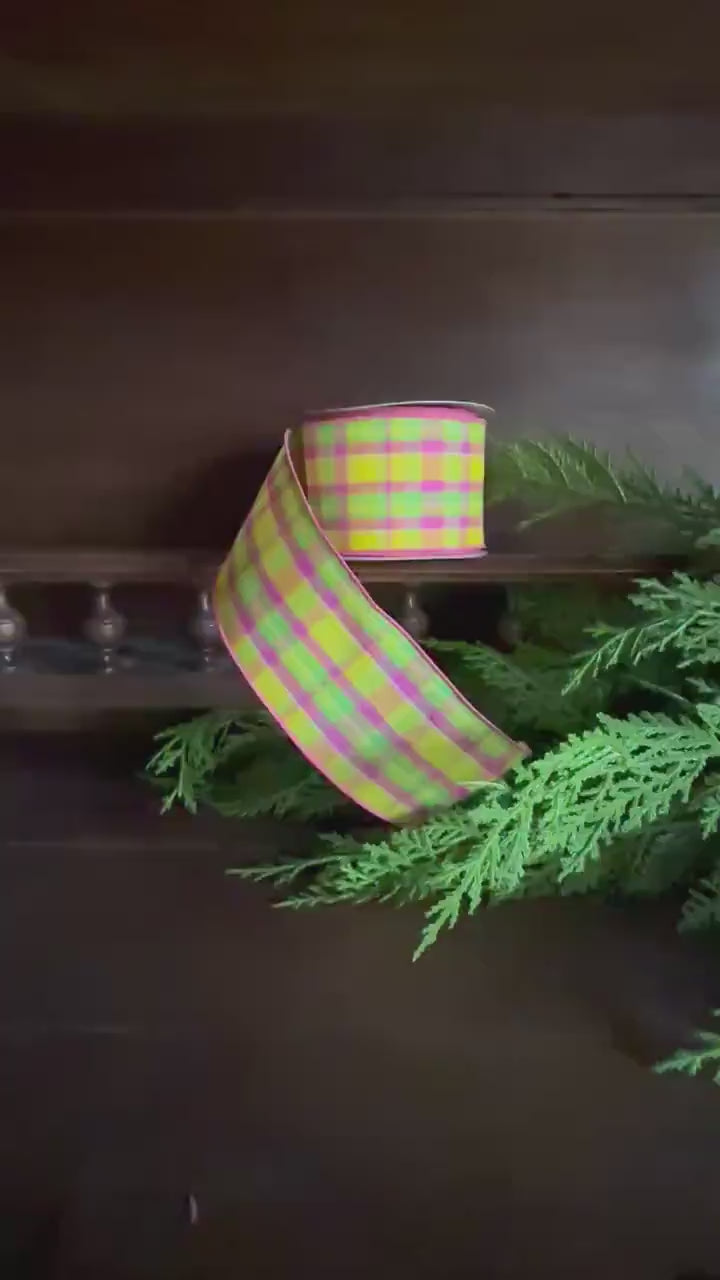 Pink Yellow Plaid Wired Ribbon, Spring Easter Ribbon, Plaid Ribbon for Wreaths, Bows & Floral Crafting