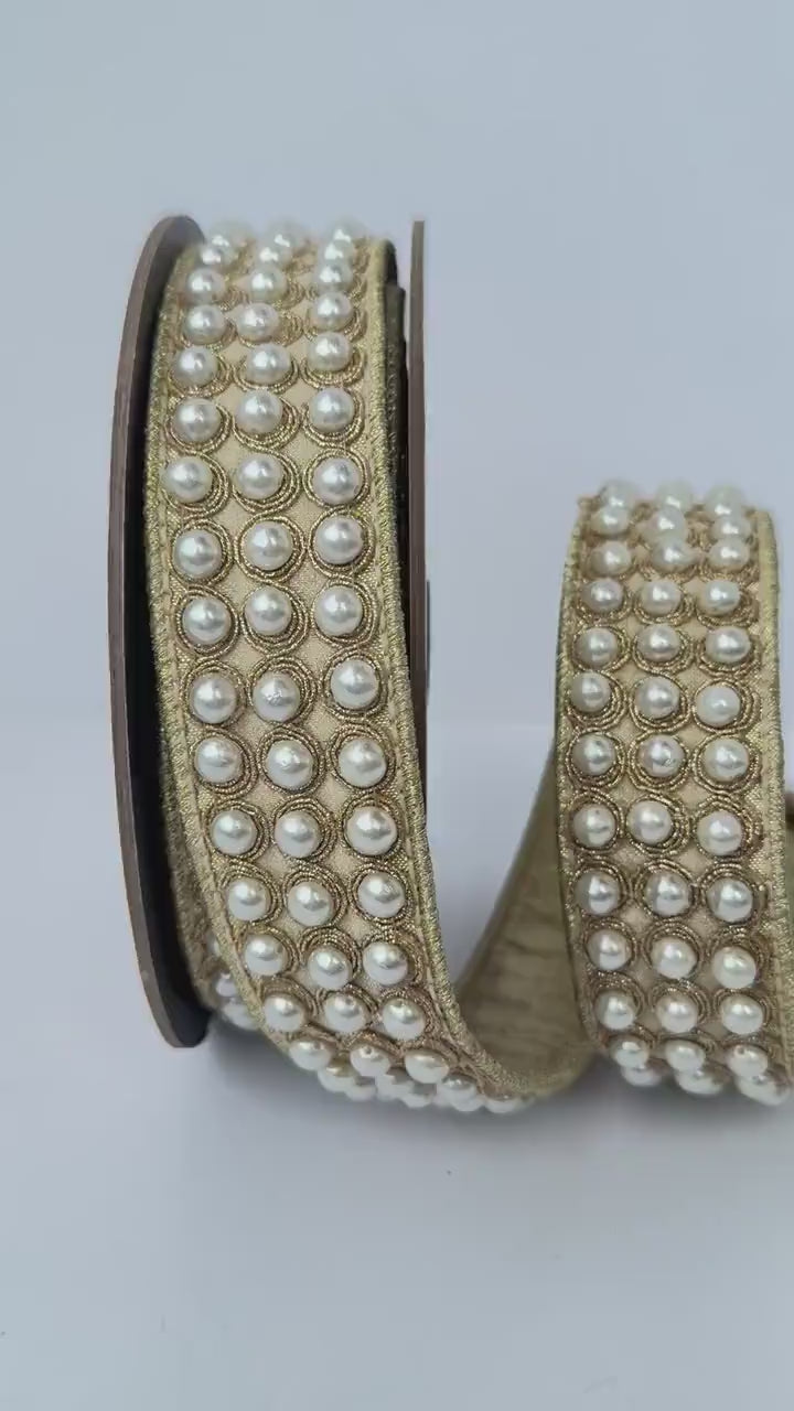 Christmas Ribbon, Wired Ribbon, D. Stevens Ribbon, Gold Ribbon, Designer Ribbon, Luxury Pearl Trim Ribbon, Tree Decor