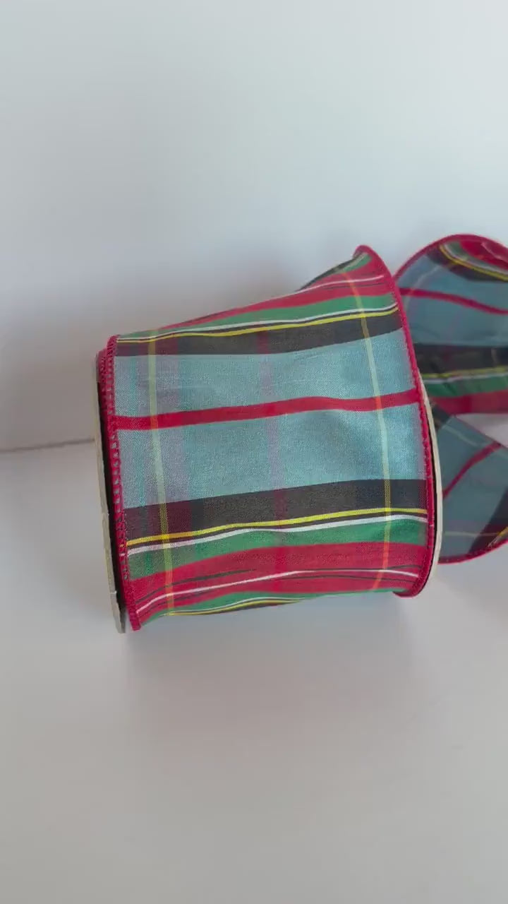 Christmas Ribbon Wired Traditional Tartan Plaid Faux Dupioni Red Green Blue Black White Wreath Ribbon