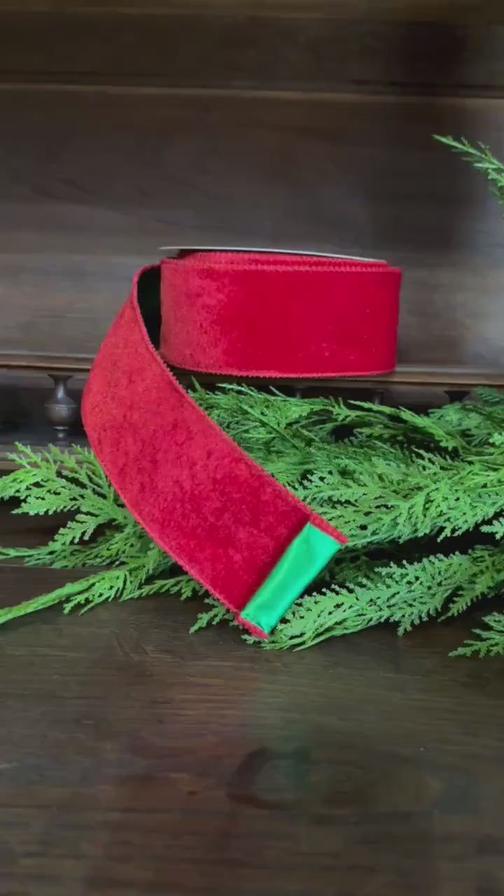 Christmas Ribbon, Red Velvet Wired Ribbon, Double Sided Ribbon, Green Satin Back Ribbon, Wreath Ribbon, Christmas Tree Ribbon