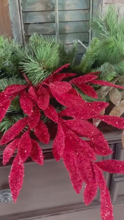 Champagne Glitter Leaf Spray Christmas Pick Holiday Floral Stem Wreath Decor Tree Decoration Champagne Foliage Accent