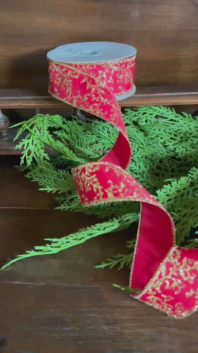 Christmas Ribbon Red Gold Glitter Leaf Vine Ribbon Wired Edge Holiday Ribbon Wreath Ribbon Designer Ribbon