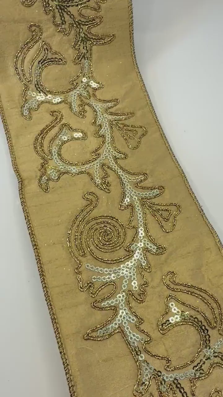 Vintage Christmas Ribbon, Embroidered Gold Wired Ribbon, Christmas Ribbon, Sequins Luxury Ribbon, Christmas Tree Ribbon Decor Wreath Ribbon