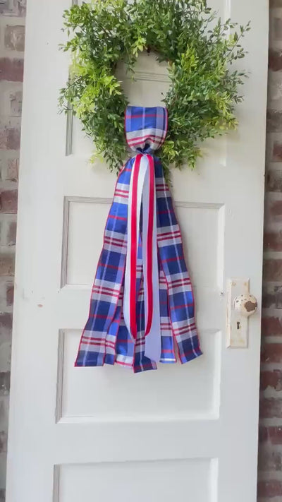 Red white blue plaid wreath sash patriotic front door ribbon bow 4th of July boxwood wreath decor Americana wired ribbon sash