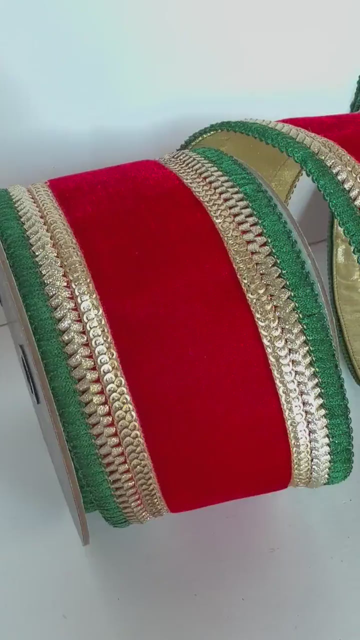Red Velvet Christmas Ribbon Gold & Green Designer Wired Ribbon Farrisilk Ribbon 4" x 5 Yards