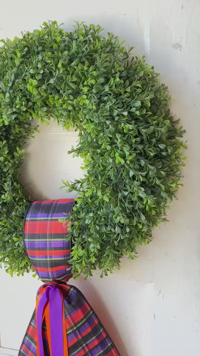 Halloween Wreath Sash for Interchangeable Boxwood Wreath Fall Front Door Decor Purple Orange Plaid Ribbon Seasonal Porch Decoration Handmade