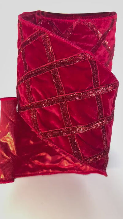 Red Velvet Christmas Ribbon, Wired Ribbon, Glitter Lattice Ribbon for Wreaths & Tree Decor