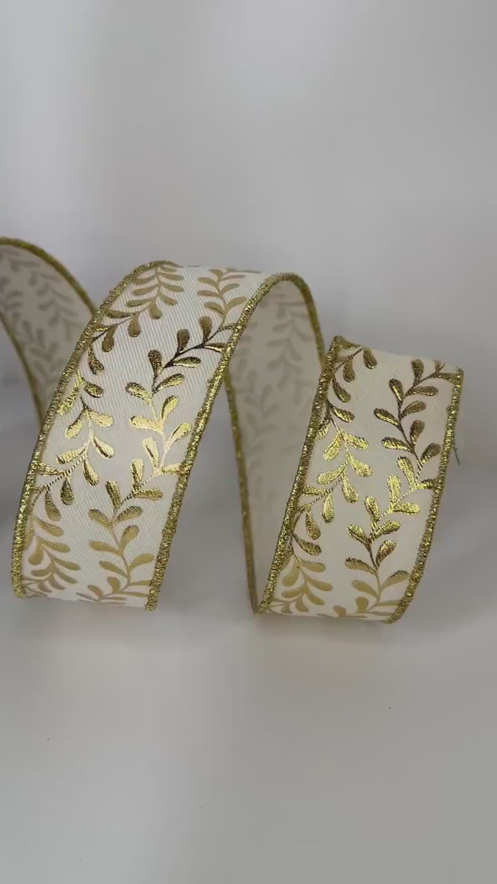 White Gold Wired Ribbon, Metallic Leaf Ribbon, Wreath Ribbon, Bow Making Ribbon Wedding Christmas Decor