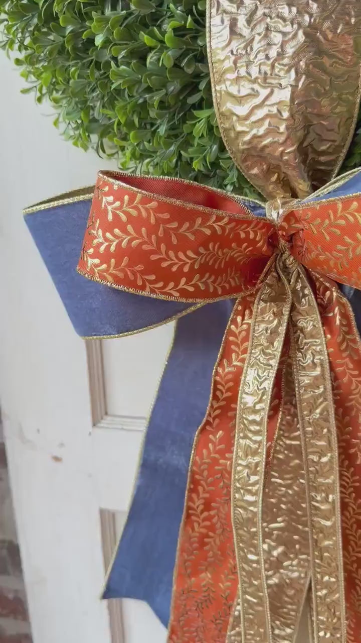Fall Wreath Sash Navy Blue Orange Gold Wreath Bow Luxury Fall Front Door Decor Autumn Ribbon Bow