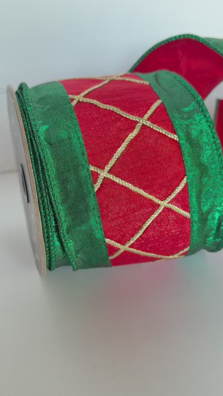 Christmas Ribbon Red Green Wired Ribbon Gold Lattice Wreath Ribbon Christmas Bow Ribbon Farrisilk