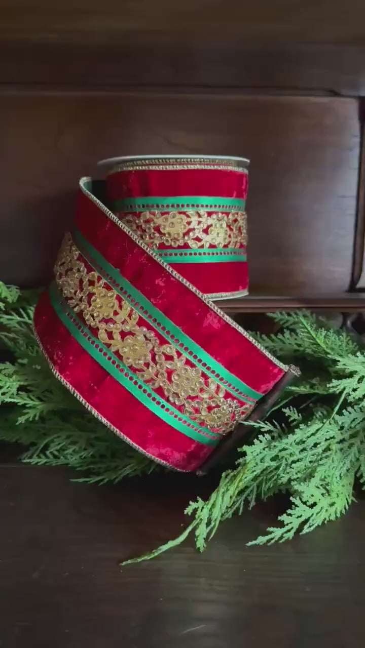 Red Green Gold Velvet Christmas Ribbon Wired Ribbon Holiday Ribbon Wreath Ribbon Tree Garland Bow Decorative Ribbon Designer Ribbon