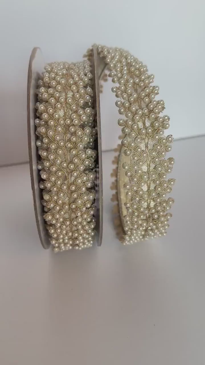 Pearl Wired Ribbon Designer Ribbon Ivory Gold Ribbon Wedding Christmas Wreath Bow Ribbon 1.5"