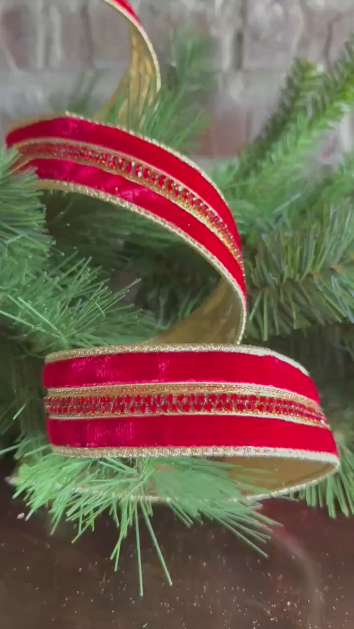 Christmas Ribbon, Wired Ribbon, Luxury Ribbon, Red Velvet Gold Ribbon, Holiday Ribbon, D Stevens Designer Ribbon, Christmas Tree Ribbon