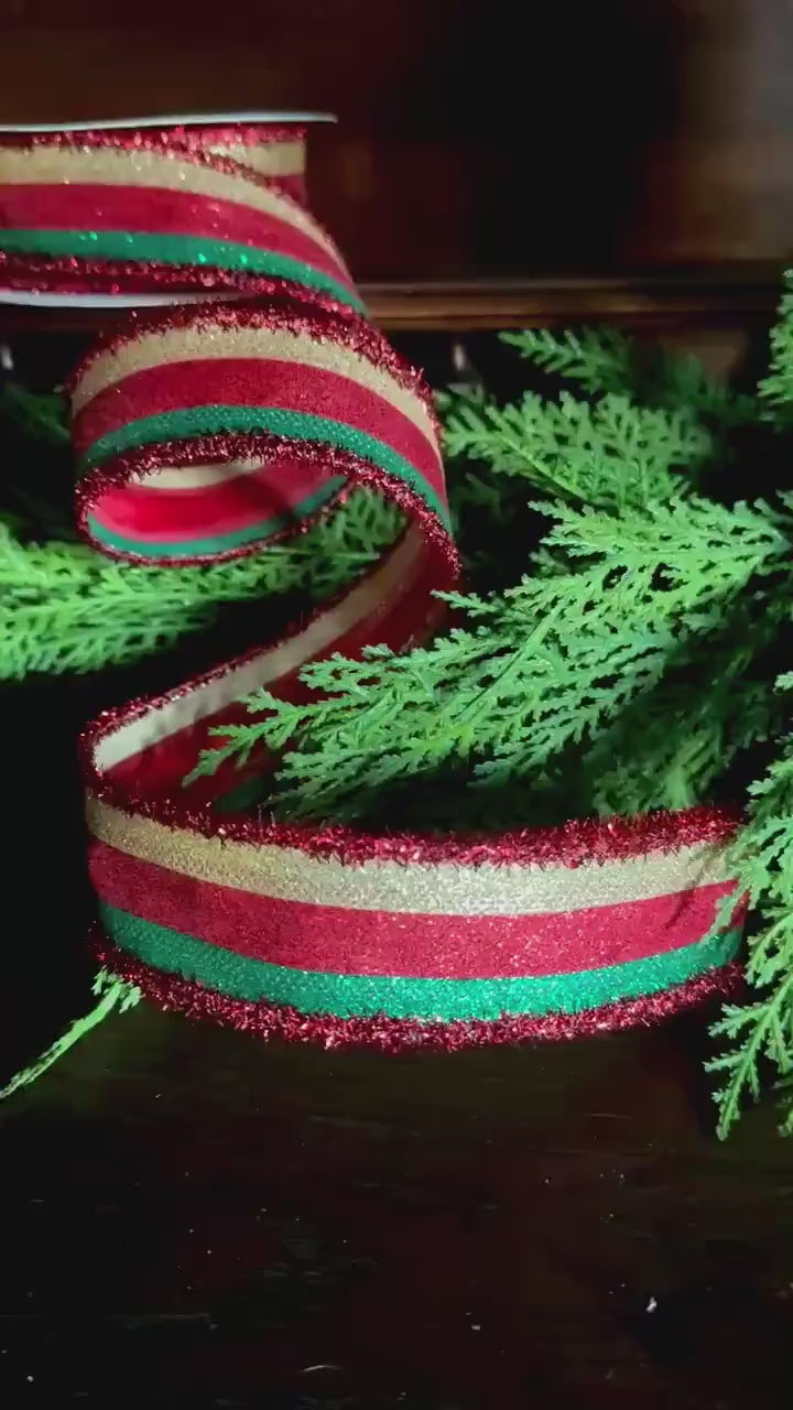 Christmas Wired Ribbon, Red Green Glitter Stripe Ribbon, Holiday Ribbon, Bow Making Ribbon, Designer Ribbon, Christmas Decor
