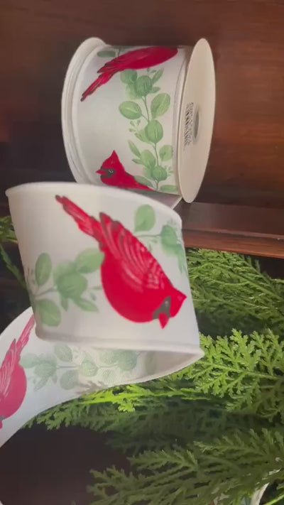 Cardinal Wired Ribbon Red Cardinal Christmas Ribbon Holiday Wreath Ribbon Christmas Tree Bow Ribbon Floral Craft Supply