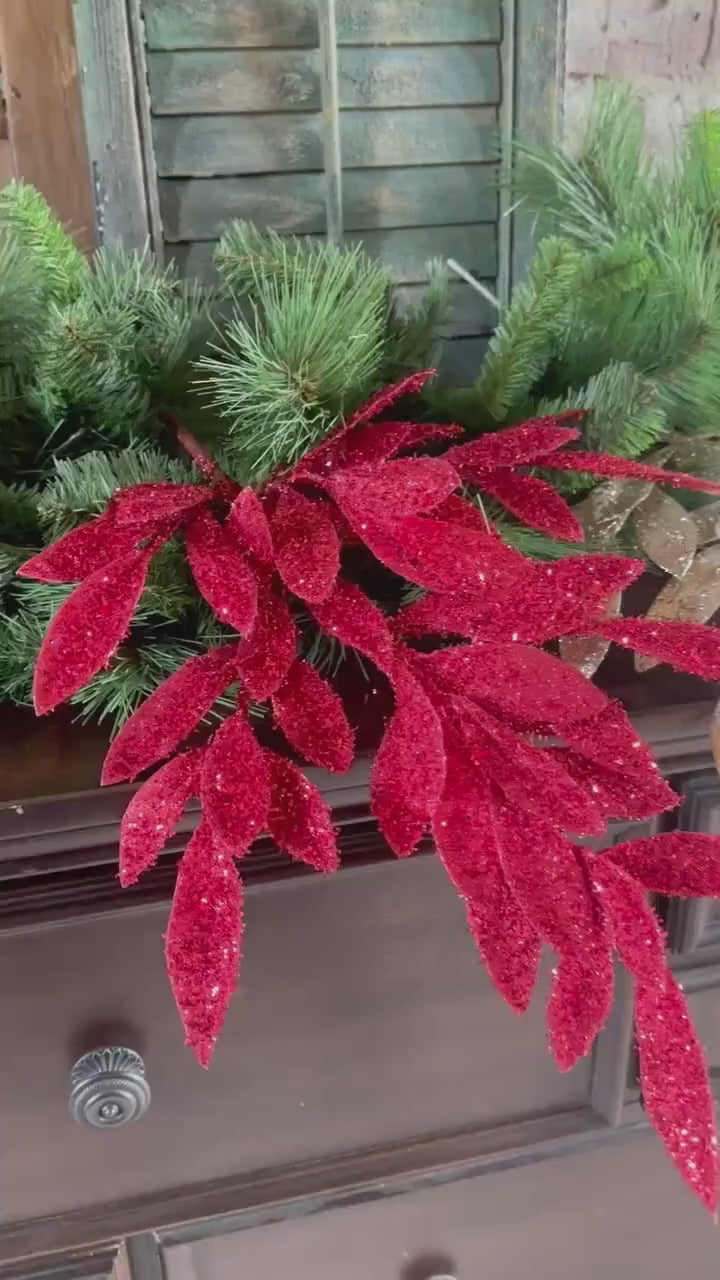 Red Glitter Bay Leaf Spray Christmas Pick Holiday Floral Stem Wreath Decor Tree Decoration Red Foliage Accent