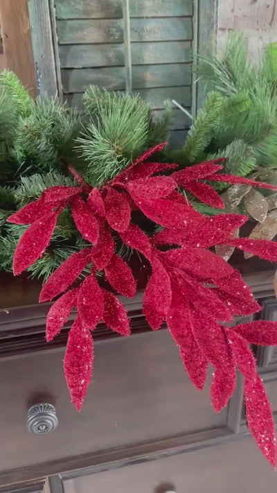 Red Glitter Bay Leaf Spray Christmas Pick Holiday Floral Stem Wreath Decor Tree Decoration Red Foliage Accent
