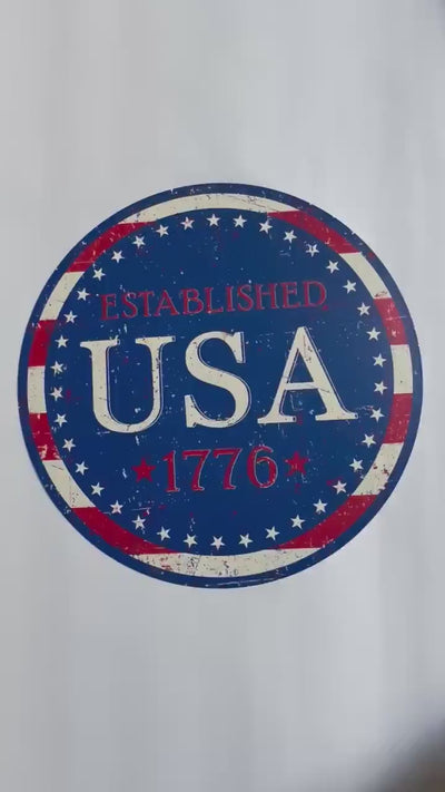 USA 1776 Metal Sign Patriotic Wall Decor Vintage Americana Sign Fourth of July Decor Rustic USA Established Sign 12" Red White & Blue Wreath