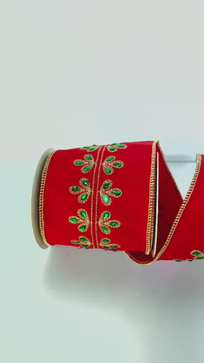 Red Dupioni Christmas Ribbon Wired Edge Ribbon Gold Embroidered Ribbon Christmas Tree Ribbon Wreath Ribbon Bow Making Holiday Decor