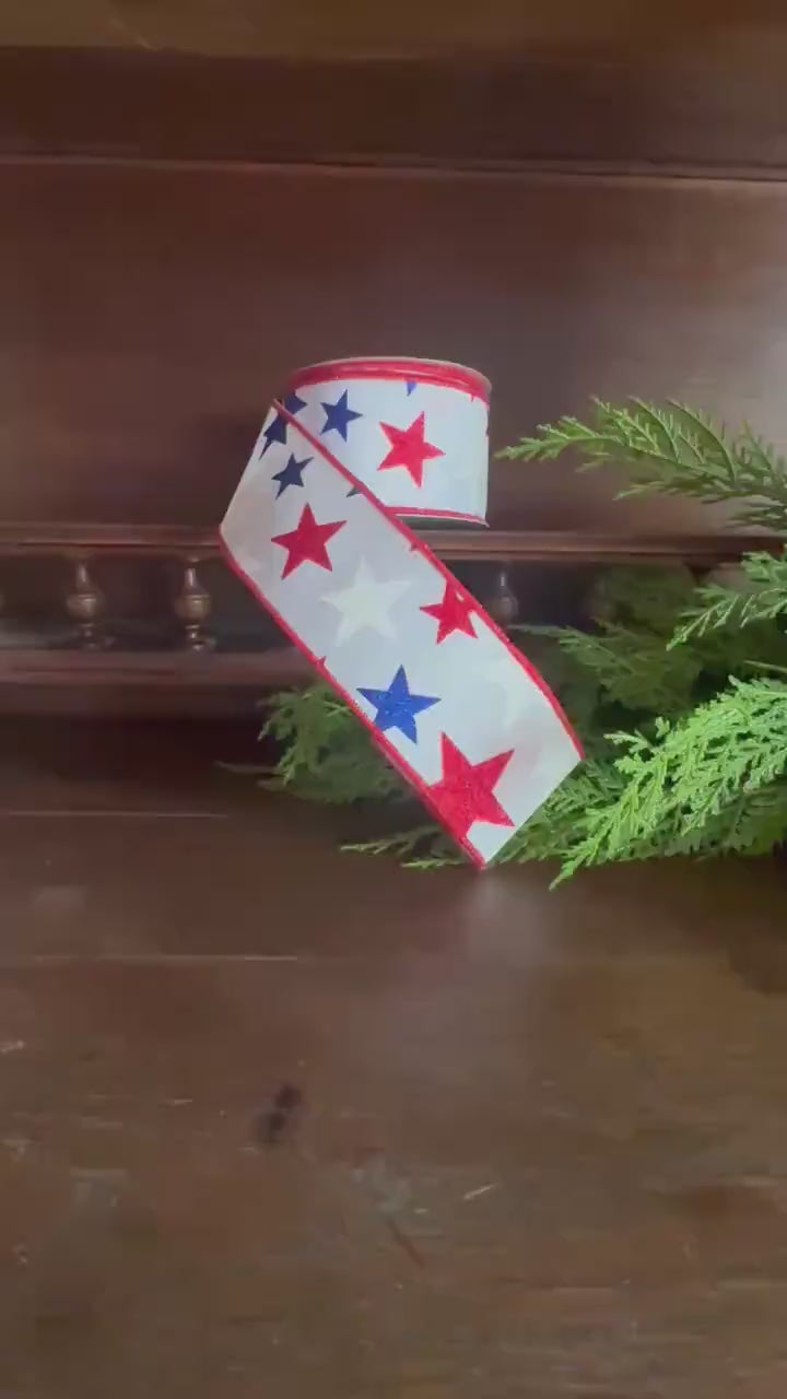 Patriotic Star Ribbon Red White Blue Glitter Stars Wired Ribbon Fourth of July Decor Wreath Ribbon Bow Making