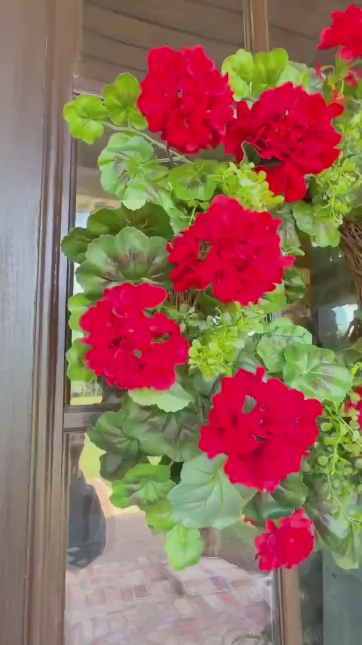 Geranium Wreath Decor for Front Door Summer Wreath 4th of July Wreath Faux Wreath Red Geranium Wreath Spring Wreath Mothers Day Gift