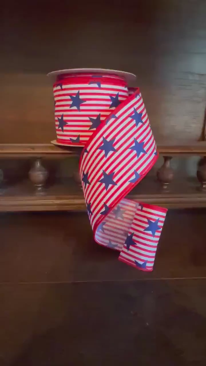 Patriotic Star Stripe Ribbon Red White Blue Wired Ribbon Fourth of July Ribbon Americana Ribbon USA Decor