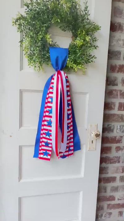 Red white blue plaid wreath sash patriotic front door ribbon bow 4th of July boxwood wreath decor Americana wired ribbon sash stars stripes