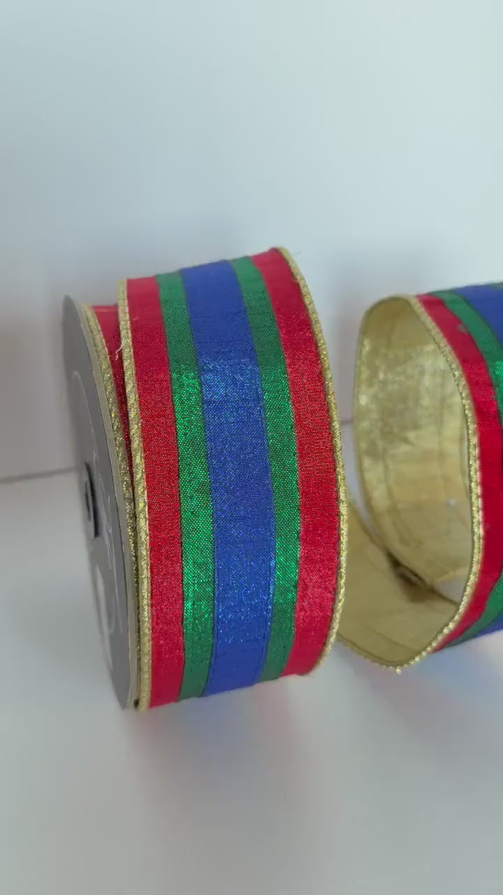 Christmas Ribbon Multicolor Striped Wired Ribbon Red Green Blue Wreath Ribbon Christmas Bow Ribbon Designer Holiday Ribbon