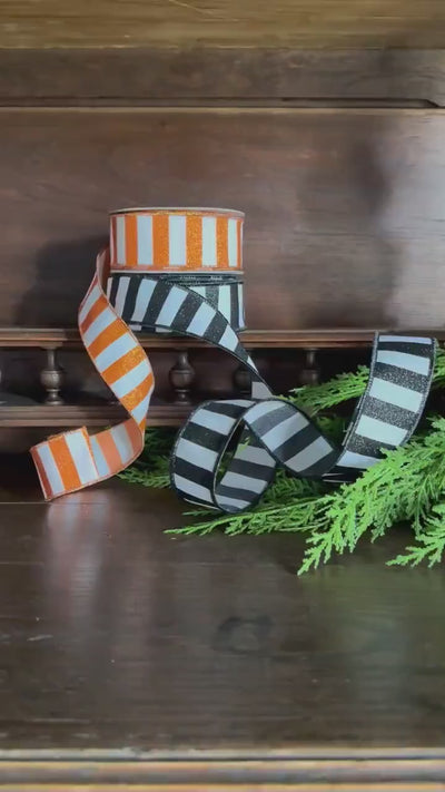 Orange White Glitter Stripe Ribbon Wired Edge Game Day Football Halloween Fall Ribbon Wreath Bow Making Ribbon 10 Yard Roll