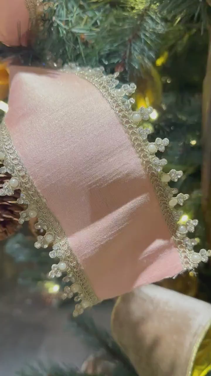 Vintage Cameo Pink Pearl Ribbon, Luxury Decorative Metallic Wired Ribbon for Wreaths & Christmas Decor