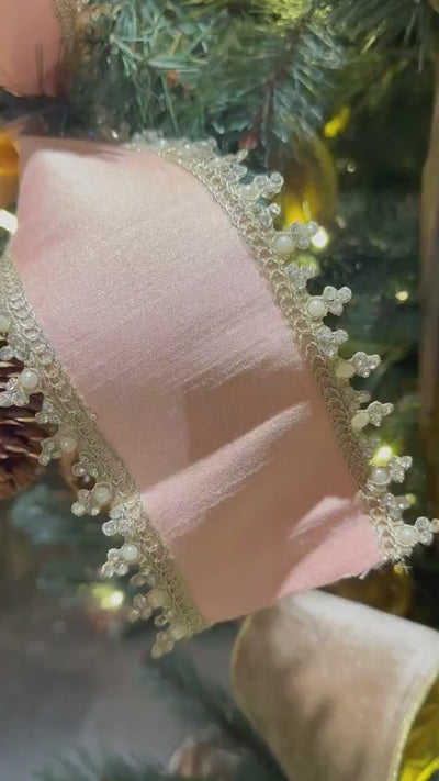 Vintage Cameo Pink Pearl Ribbon, Luxury Decorative Metallic Wired Ribbon for Wreaths & Christmas Decor