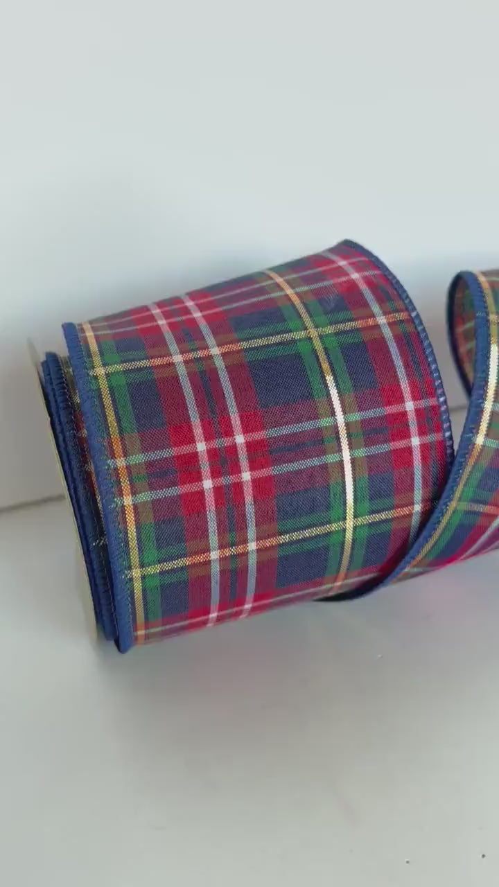 D. Stevens Christmas Ribbon Wired Devon Plaid Red Navy Green Cotton Wreath Ribbon 4 Inch x 10 Yards