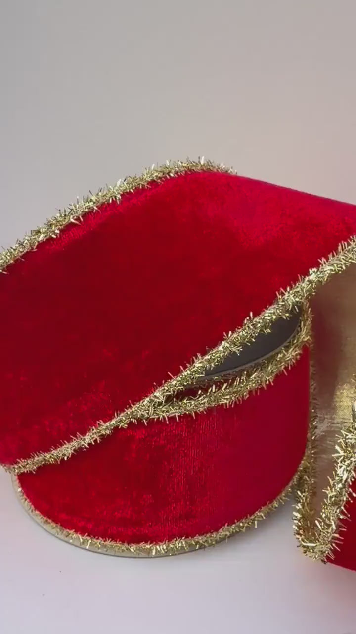 Christmas Velvet Wired Ribbon, Red Velvet Ribbon, Gold Tinsel Edge Ribbon, Luxury Holiday Ribbon Designer Ribbon Bow Making John Mark Ribbon