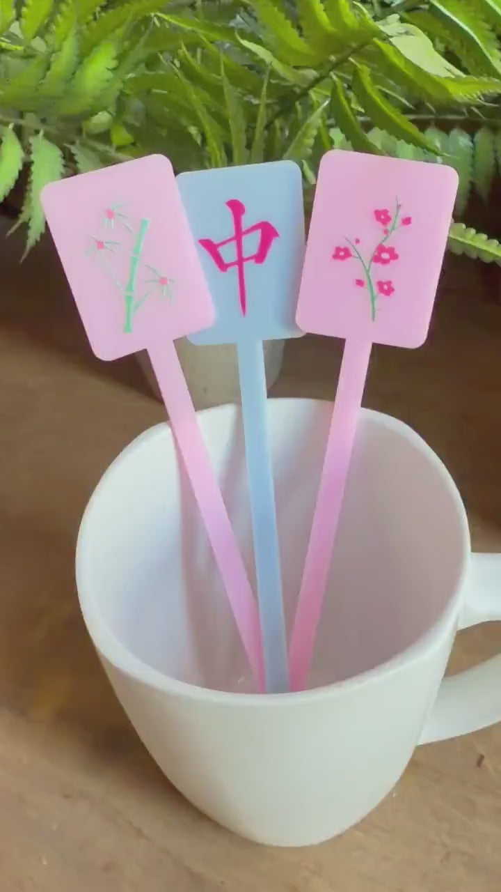 Mahjong Drink Stirrers Set of 4 Acrylic Mahjong Party Accessories Pink Blue Game Night Drink Sticks Mahjong Gift