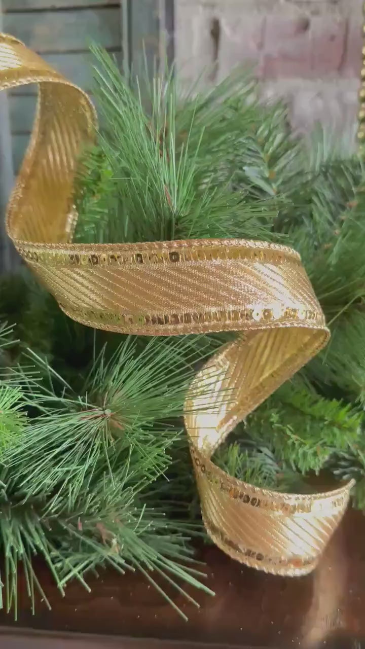 Gold Metallic Ribbon Craft Supply for Christmas Ribbon Wire Edge Sequin Trim Holiday Wreath Making Material Gift Wrap Party Accent