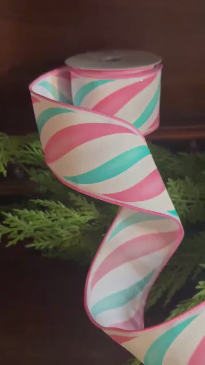 Christmas Wired Ribbon, Pink Mint Swirl Ribbon, Designer Ribbon, Holiday Ribbon, Bow Making Ribbon, Wide Ribbon, Christmas Decor