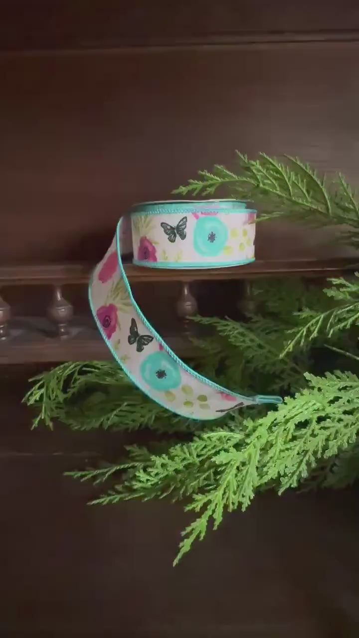 Wildflower Butterfly Wired Ribbon for Wreaths and Bows – Spring Floral Crafting Supplies