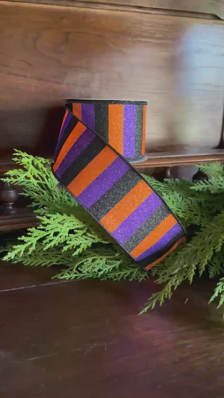 Halloween Glitter Stripe Ribbon Wired Ribbon Purple Orange Black Ribbon Wreath Ribbon Bow Making Ribbon Halloween Decor