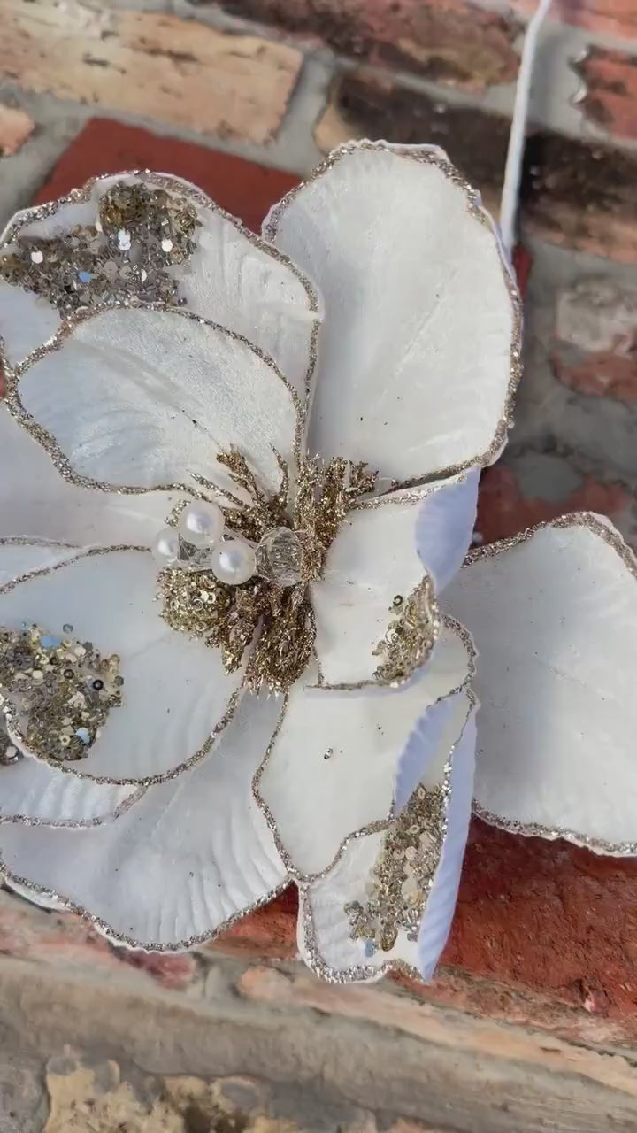 Christmas Tree Decor Cream Magnolia Flower with Gold Glitter Beads & Jeweled Accents