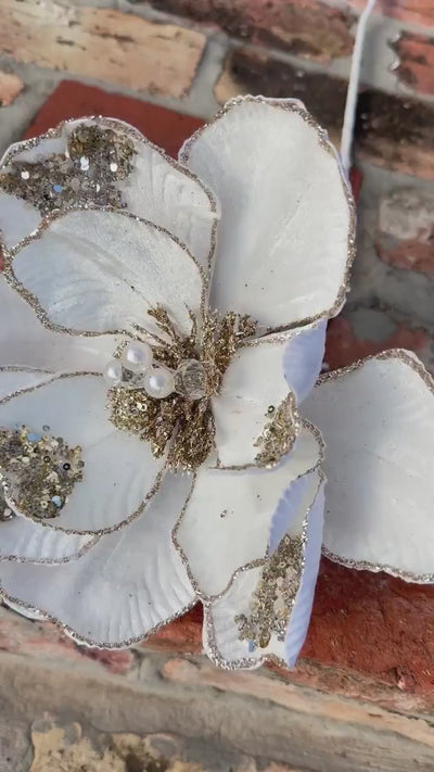 Christmas Tree Decor Cream Magnolia Flower with Gold Glitter Beads & Jeweled Accents