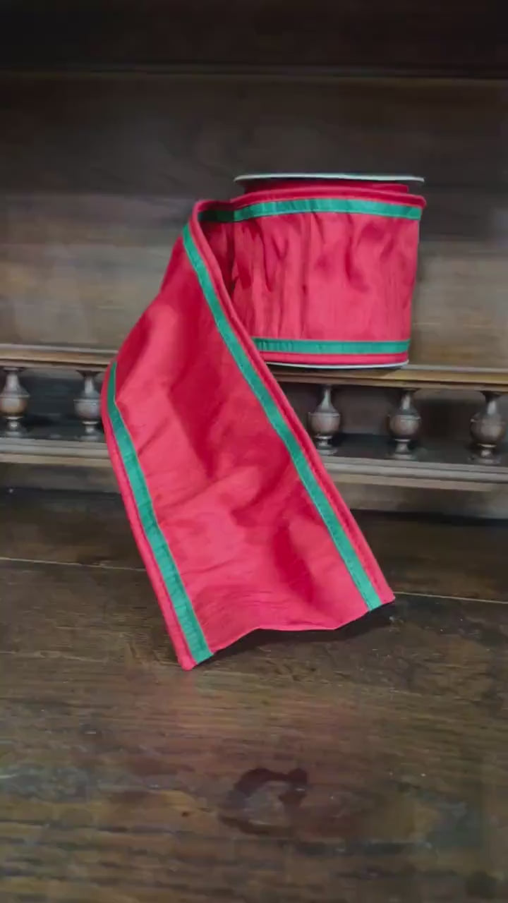 Red Christmas Ribbon, Double Sided Wired Ribbon with Green Edge, Holiday Ribbon for Wreaths, Bows & Gift Wrapping